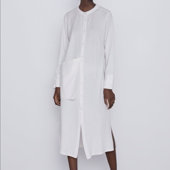 ZARA NWT Cream 100% Cotton Button Up Midi Dress Size Small Side Slits - Picture 1 of 13